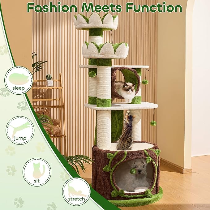 73‘’ Tall Flower Cat Tree for Indoor Cats Large Adult, Luxury Cat Tower with Scratching Post, Heavy Duty Modern Cat Furniture for Large Cats, Removable Mats, Multi-Level Cat House with Toy Ball-PawvioPets