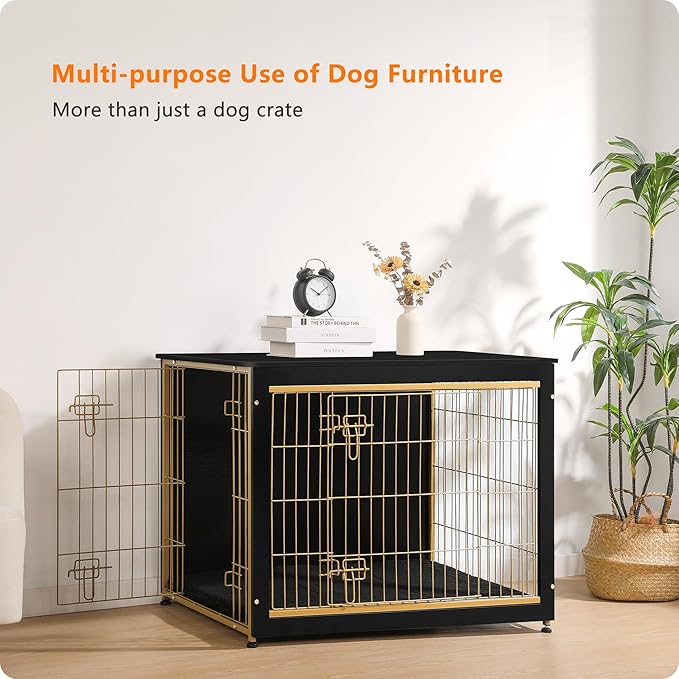 DWANTON Dog Crate Furniture with Cushion, Wooden Kennel Table with Double Doors, Indoor Dog House, Large Size, 38.5" L, Black+Gold-PawvioPets