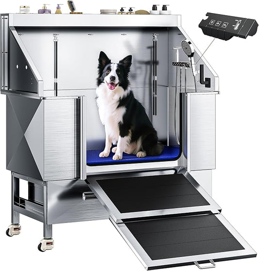 50" Dog Washing Station - 304 Stainless Steel, 27.4" Wide Ramp, Water-Storing Dog Bathing Station w/Swivel Wheels, Pet Proof Faucet, 2 Drawers, Dog Bathtub for Medium & Small Dogs-PawvioPets