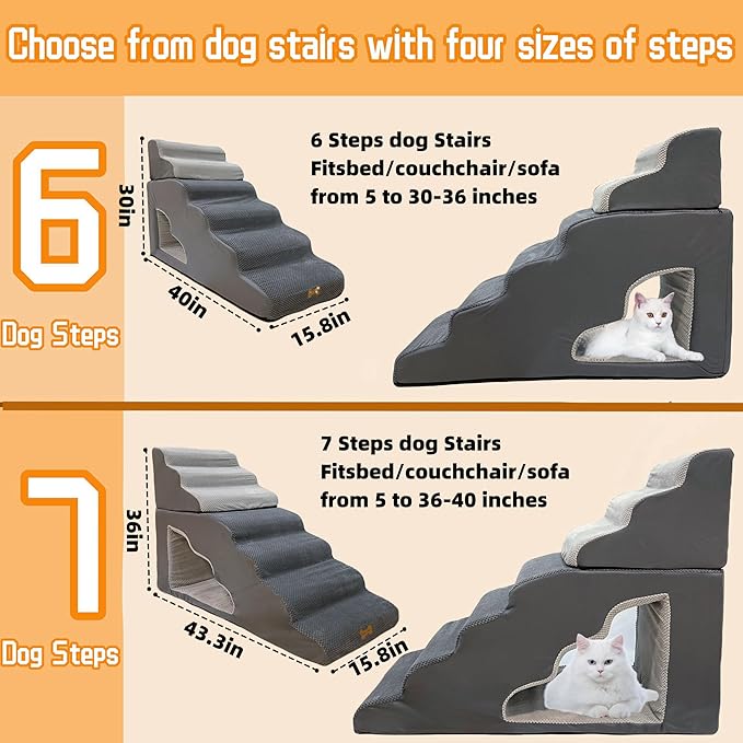 7-Step Dog Stairs for 36 Inch High Beds Small Dogs, Pet Ramp Stairs 20-42 Inch Couch Bed, Non-Slip Balanced Stairs 75lbs for Small Old Large Dogs Cats to Get on Bed-PawvioPets
