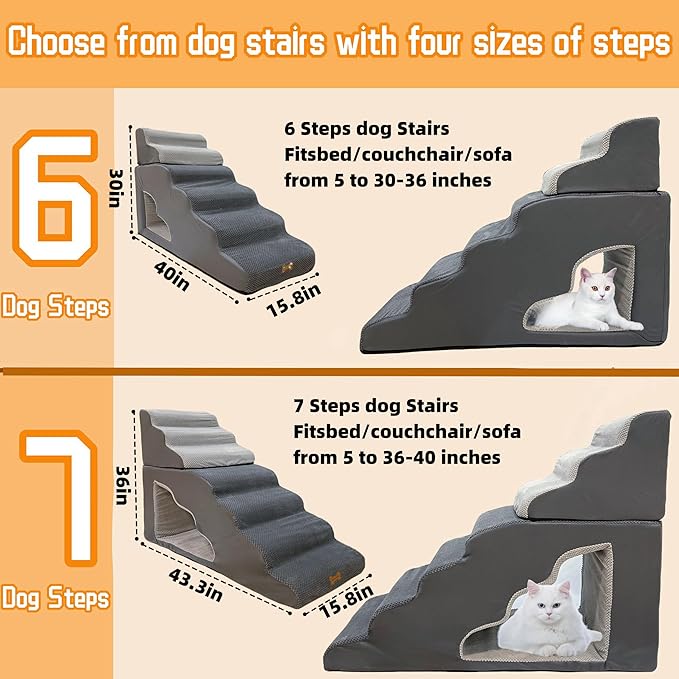 dog stairs for small dogs to 30 inches high beds, 6 step dog ramp stair for 18-36 inches couch-bed,pet stairs for small old meduim large dogs cats,Non-Slip balanced 6 tiers ladder,75 pounds Studry 33D-PawvioPets