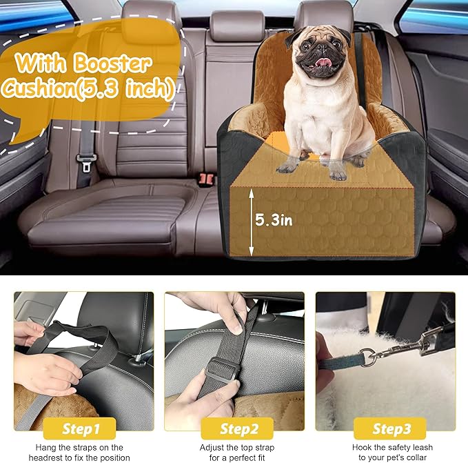 Dog Car Seat for Small/Medium Dogs, Memory Foam Dog Booster Seat, Travel Safety Per Car Seat with Washable Removable Cover, Storage Pockets for Dogs up to 35 lbs(BlackBrown)-PawvioPets