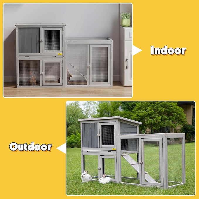 Assembled Wooden Indoor & Outdoor Rabbit Hutch, 2 Story Small Animal House Habitat, Durable Pet Bunny House Cage with Cleaning Tray, for Bunny Chick Duck Hamster (Grey)-PawvioPets
