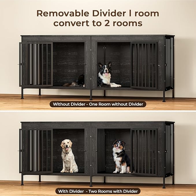 78 Inch Dog Cage Furniture for 2 Large/Medium Dogs with Removable Divider, Extra Large Double Doors Dog Kennel, XXL Thick Wooden Dog cage Furniture, Durable and Sturdy, Dark Grey-PawvioPets