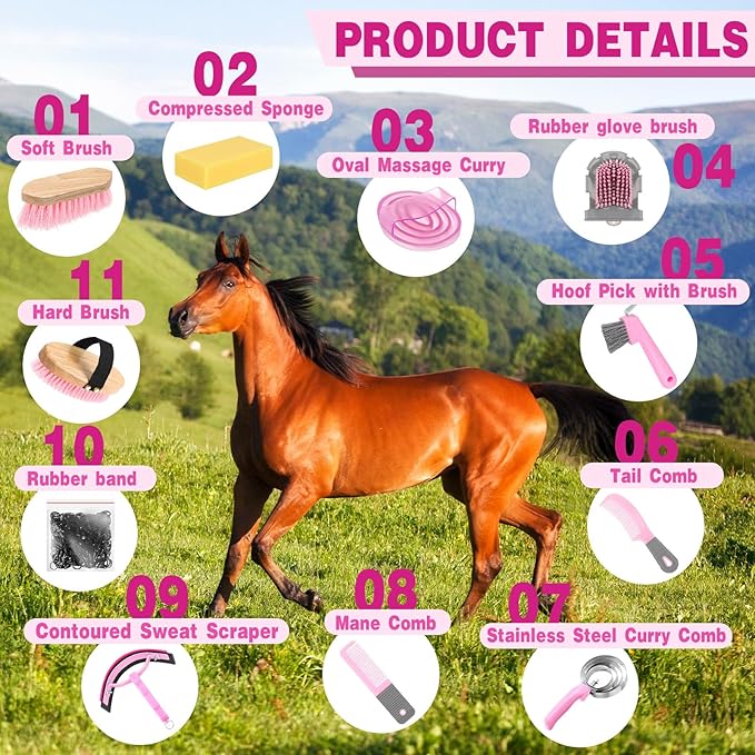 Abbylike 12 Pieces Horse Grooming Kit Racing Festival Tack Room Supplies Horse Brush Sets Equine Care Cleaning Kit Shedding Grooming Massaging Tools(Pink and Grey)-PawvioPets