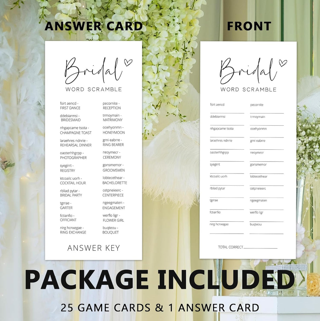 Bridal Shower Games, Word Scramble, 25Pcs 4x9inch Minimalist White Double-Sided Bridal Game Cards with 1 Answer Key, Wedding Shower Games for Guests, Engagement Bachelorette Party Supplies - A01