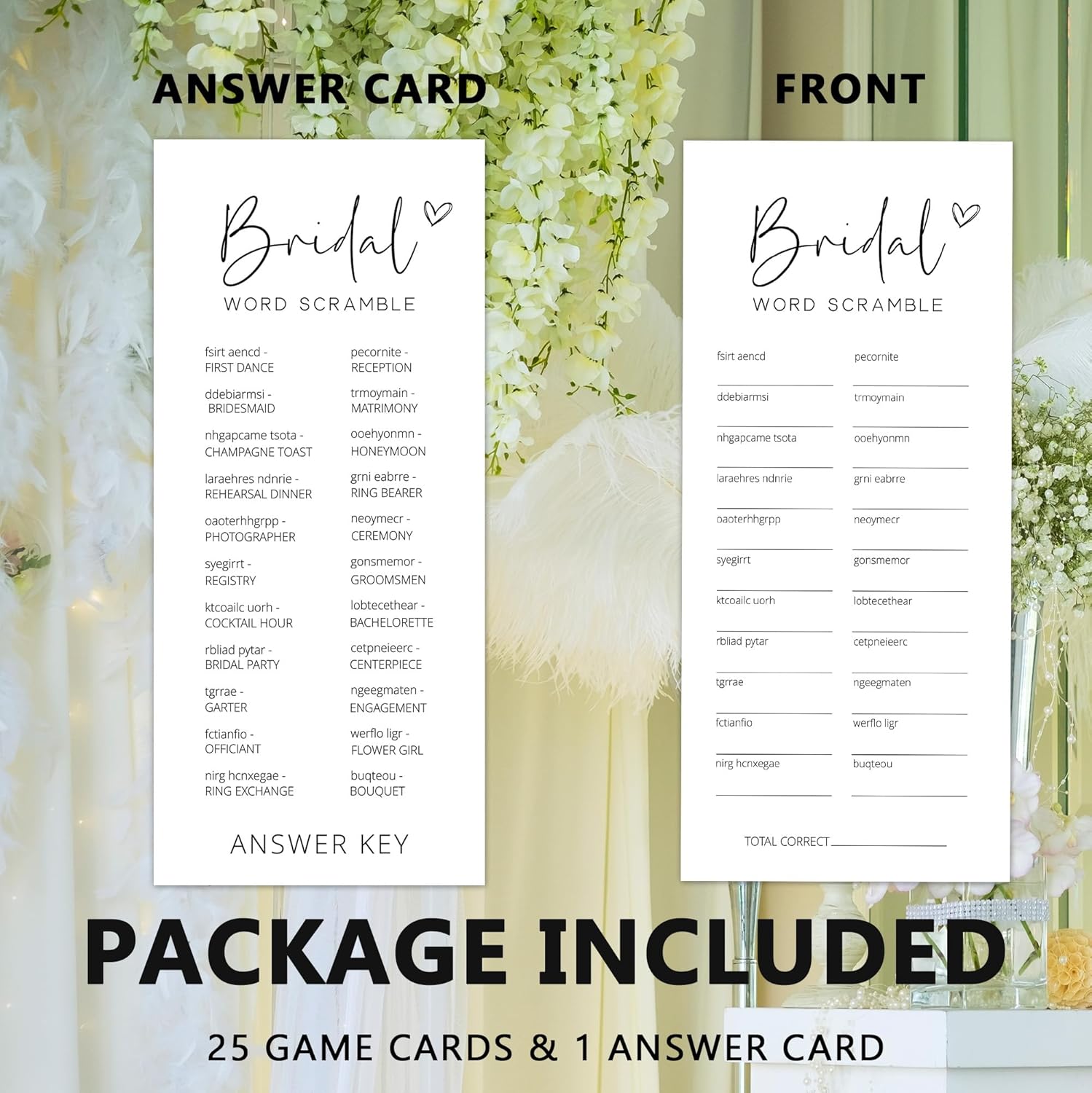 Bridal Shower Games, Word Scramble, 25Pcs 4x9inch Minimalist White Double-Sided Bridal Game Cards with 1 Answer Key, Wedding Shower Games for Guests, Engagement Bachelorette Party Supplies - A01