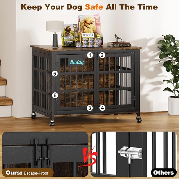 EasyCom 41"/33"/27" Dog Crate Furniture with Name Tag, Heavy Duty Dog Kennel Indoor for Medium Dogs, Double-Doors Sturdy Metal Dog Cage for Anxiety Dog, Decorate House as TV Stand, End Table-PawvioPets