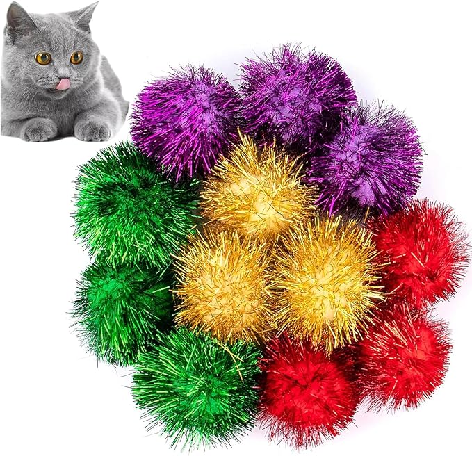 AUEAR, 12 Pack 2 Inch Sparkle Ball Shiny Glitter Tinsel Pom Poms Interactive Cat Balls for Kittens (4 Colors, 12 Inch-12 Pack)-PawvioPets