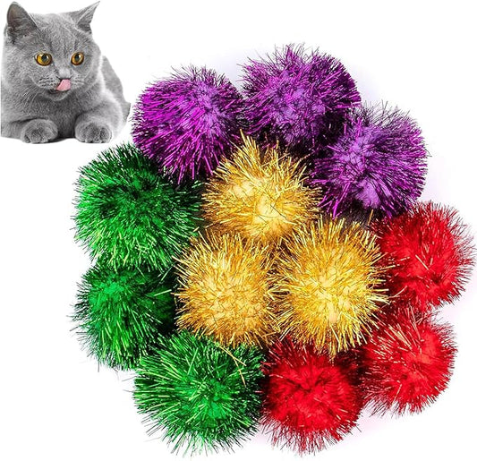 AUEAR, 12 Pack 2 Inch Sparkle Ball Shiny Glitter Tinsel Pom Poms Interactive Cat Balls for Kittens (4 Colors, 12 Inch-12 Pack)-PawvioPets