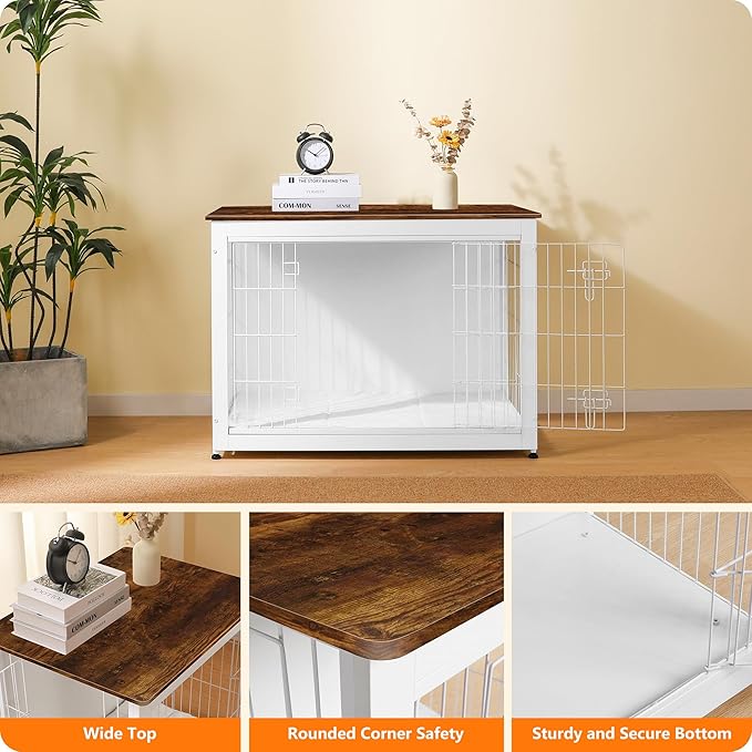 DWANTON Dog Crate Furniture with Cushion, Wooden Kennel Table with Double Doors, Indoor Dog House, Large Size, 38.5" L, White+Rustic Brown-PawvioPets
