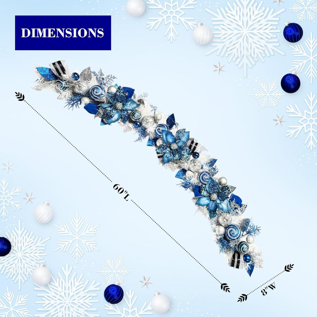 5 ft Christmas Garland for Mantle Unlit Garland for Stairs Railing, Banister, Staircase, Fireplace, for Table No Light, Garland Decor Frosted Red Poinsettia Holiday Tree (Lux Blue Silver)