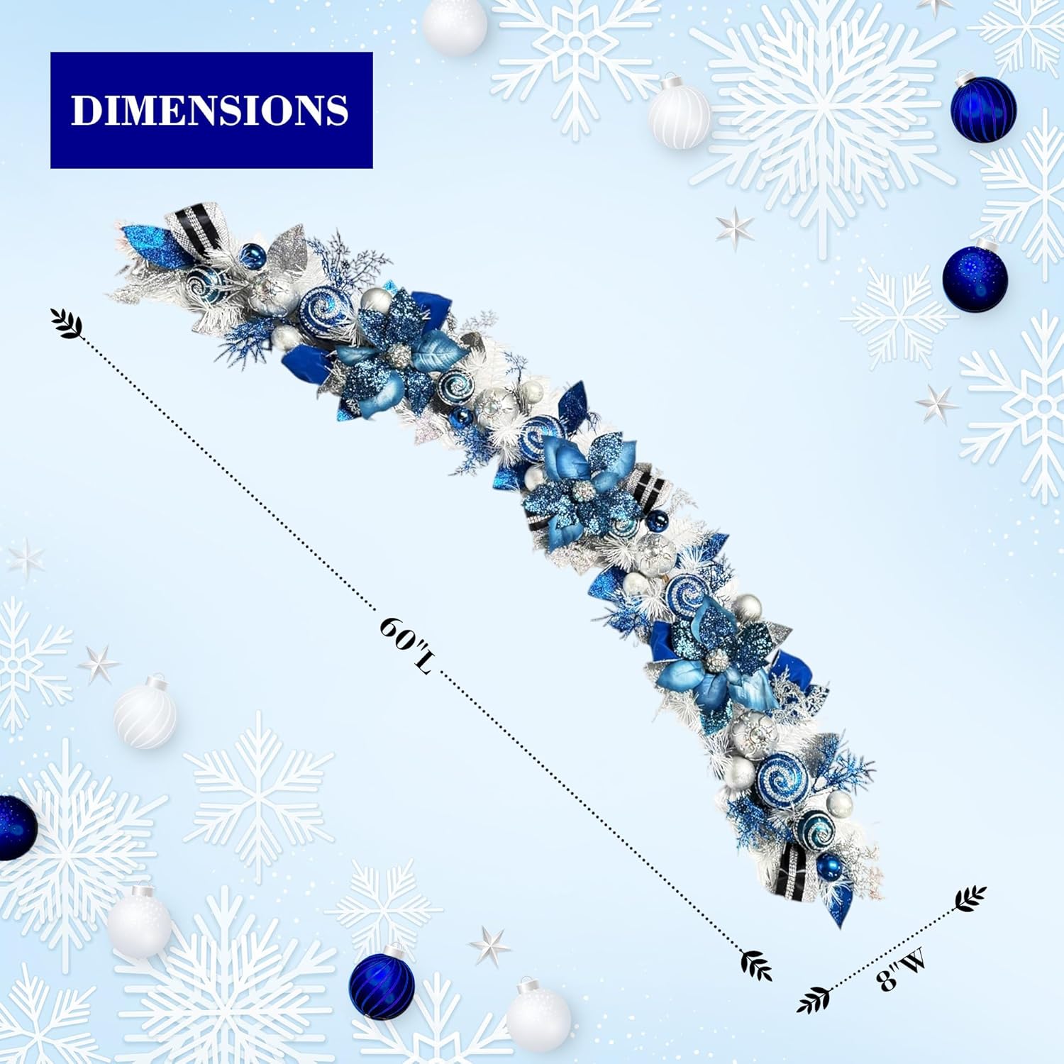 5 ft Christmas Garland for Mantle Unlit Garland for Stairs Railing, Banister, Staircase, Fireplace, for Table No Light, Garland Decor Frosted Red Poinsettia Holiday Tree (Lux Blue Silver)