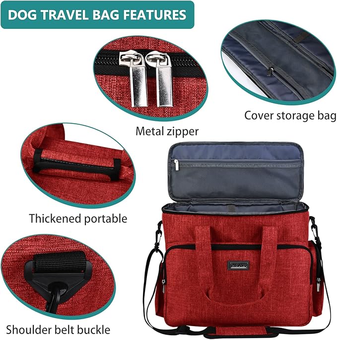 BAGLHER Dog Travel Bag, Pet Travel Bag (ALL Pet Travel Supplies), With 2 Pet Food Containers and 2 Collapsible Silicone Bowls; Essential Kits for Pet Travel Red-PawvioPets