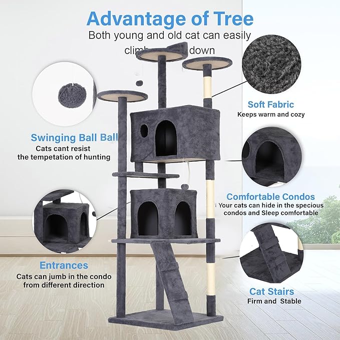FDW Cat Tree Tower 81in Multi-Level Durable Cat Scratching Post & Cozy Fun Jumping Platform Space Saving Condo Pet Play House for Indoor Cats,Dark Gray-PawvioPets