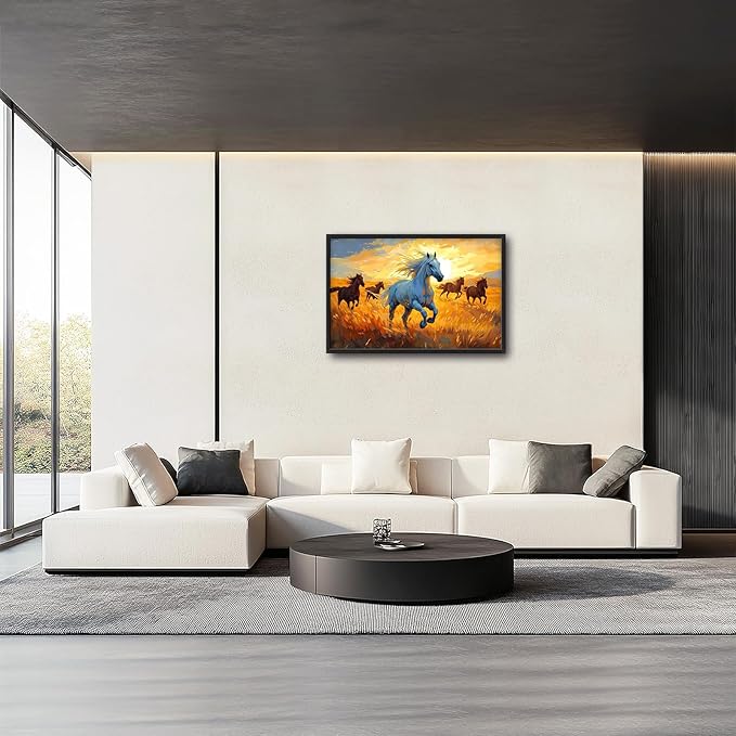 Framed Large Horse Wall Art for Living Room, Oversized Running Horses Wall Decor, Sunset Field Landscape Canvas Painting Home Decoration for Living Room Bedroom Dining Room Office 36"x24"-PawvioPets