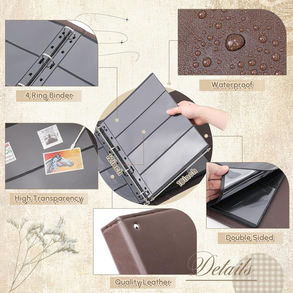 Lewtemi Stamp Collecting Albums Set Stamp Collection Book Include 20 Pages Album Binder Tweezer and Loop Magnifier Collecting Supplies for Collectors(Brown,1/2/3/4 Rows)