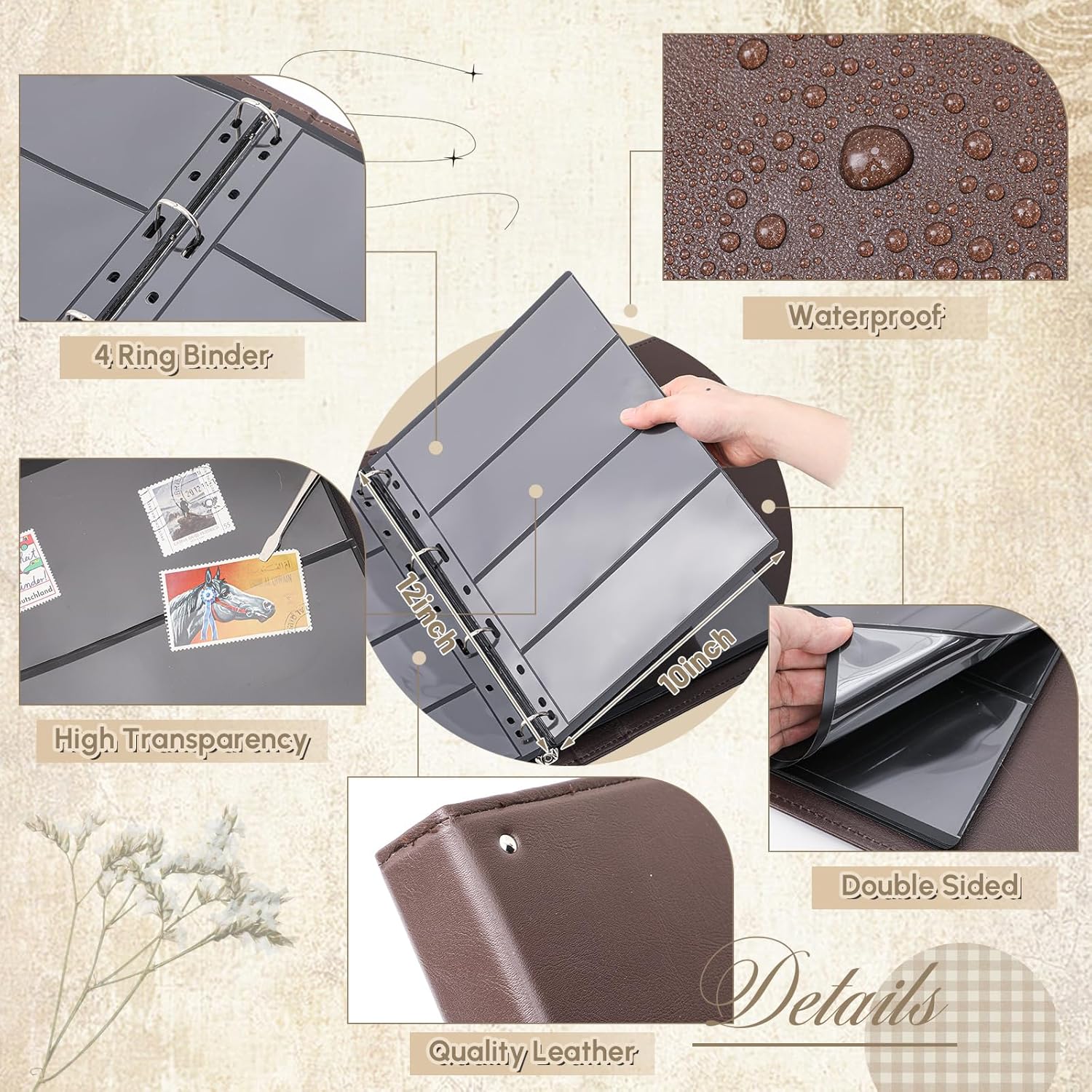 Lewtemi Stamp Collecting Albums Set Stamp Collection Book Include 20 Pages Album Binder Tweezer and Loop Magnifier Collecting Supplies for Collectors(Brown,1/2/3/4 Rows)