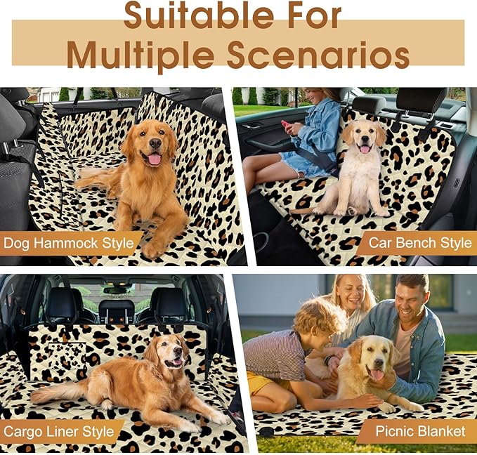Dog Car Seat Cover, Durable Waterproof Scratch Proof Nonslip Dog Hammock, Back Seat Covers with Pocket for Cars SUVs and Trucks - S, Leopard/Black-PawvioPets