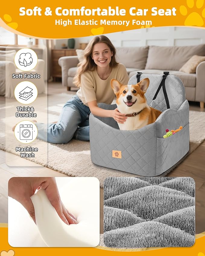 Car Seat Booster for Dog: High-Support Memory Foam Pet Car Seat for Small/Medium Dogs Under 35lbs with Elevated Cushion - Detachable Washable Puppy Travel Bed for Driving with Pockets (Grey)-PawvioPets