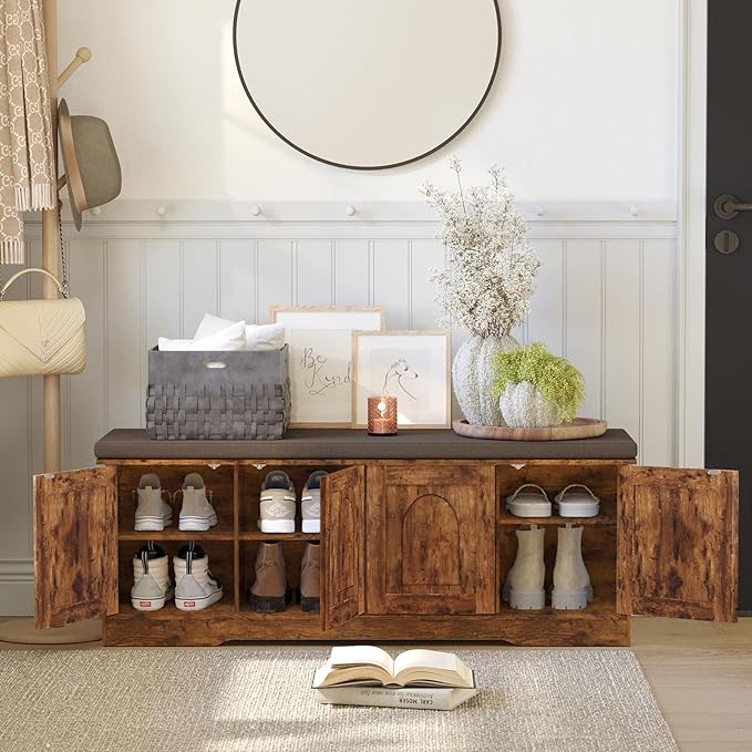 DINZI LVJ Shoe Bench, Entryway Storage Bench with Doors, Cushion, 2-Tier Shoe Rack with 8-Cubby, 47.2”L x 13.8”W Shoe Organizer Cabinet, Adjustable Shelf, Living Room, Bedroom, Rustic Brown-PawvioPets
