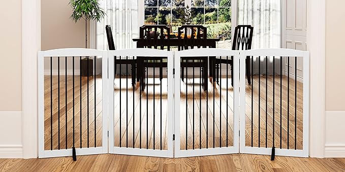 Freestanding Pet Gate - Foldable Wooden Dog Gate, 80 Inch Wide, 4 Panels, White-PawvioPets