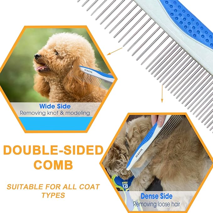 Dog Grooming Comb for Matting, Dog combs for grooming matting, Dematting Comb for Dogs and Cat with Stainless Steel Teeth & Non-Slip Handle (Style 1- Blue)-PawvioPets