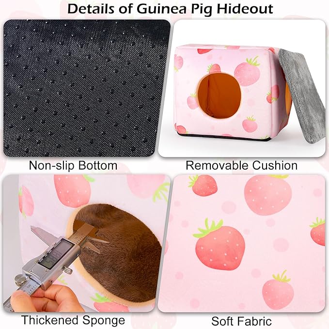 Bienbee Guinea Pig Hideout, Washable Guinea Pigs House Cozy Guinea Pigs Bed for Small Pet Bunny/Rabbit/Hamster/Chinchilla Guinea Pig Accessories Strawberry-PawvioPets