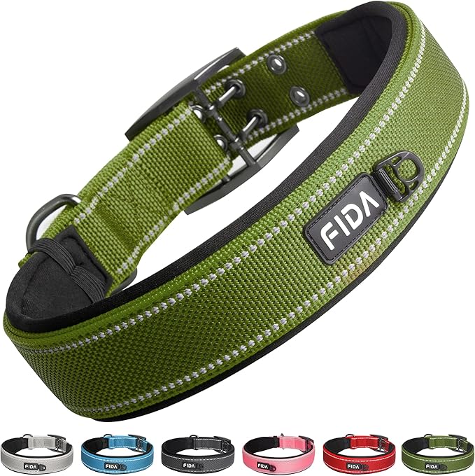 Fida Heavy DutyDog Collar for Large Dogs, Ultra Comfortable Soft Neoprene Padded, Adjustable Reflective Nylon Pet Collar with Durable Metal Belt Buckle for Extra Large Breeds(XL, Green)-PawvioPets
