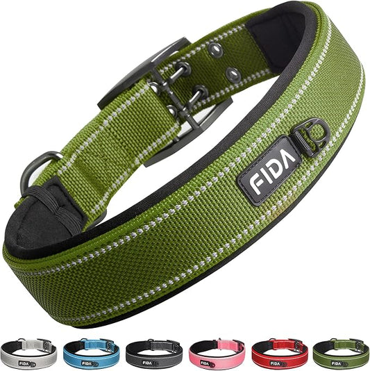 Fida Heavy DutyDog Collar for Large Dogs, Ultra Comfortable Soft Neoprene Padded, Adjustable Reflective Nylon Pet Collar with Durable Metal Belt Buckle for Extra Large Breeds(XL, Green)-PawvioPets