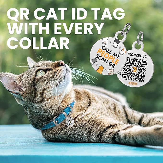 BRONZEDOG Leather Cat Collar with Removable Bells Non Breakaway Kitten QR Tag for Girl Boy (7" - 9" for Cats, Blue & Silver)-PawvioPets