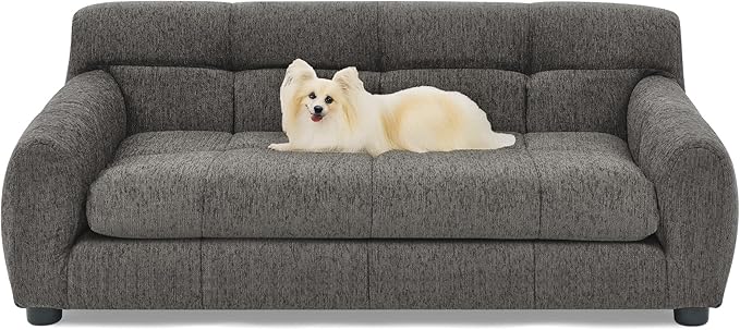 Dog Couch Bed, Mini Sofa for Dogs with Backrest and Armrest, Durable Pet Sofa with Soft Foam Cushion, Elevated Dog Couch Bed with Legs for Medium and Large Dogs, Stone Grey-PawvioPets