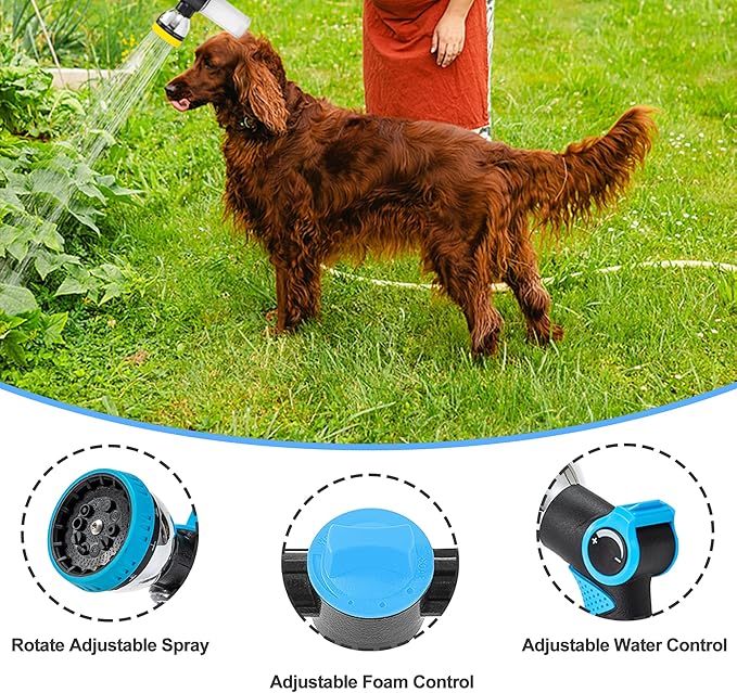 Dog Washing Hose Attachment, 10-in-1 Soap Sprayer Moden Garden Hose Nozzle with 100cc Soap Dispenser, Dog Wash Supplies with Dog Bath Brush & Pet Comb, Foam Gun Car Wash Sprayer (Blue)-PawvioPets
