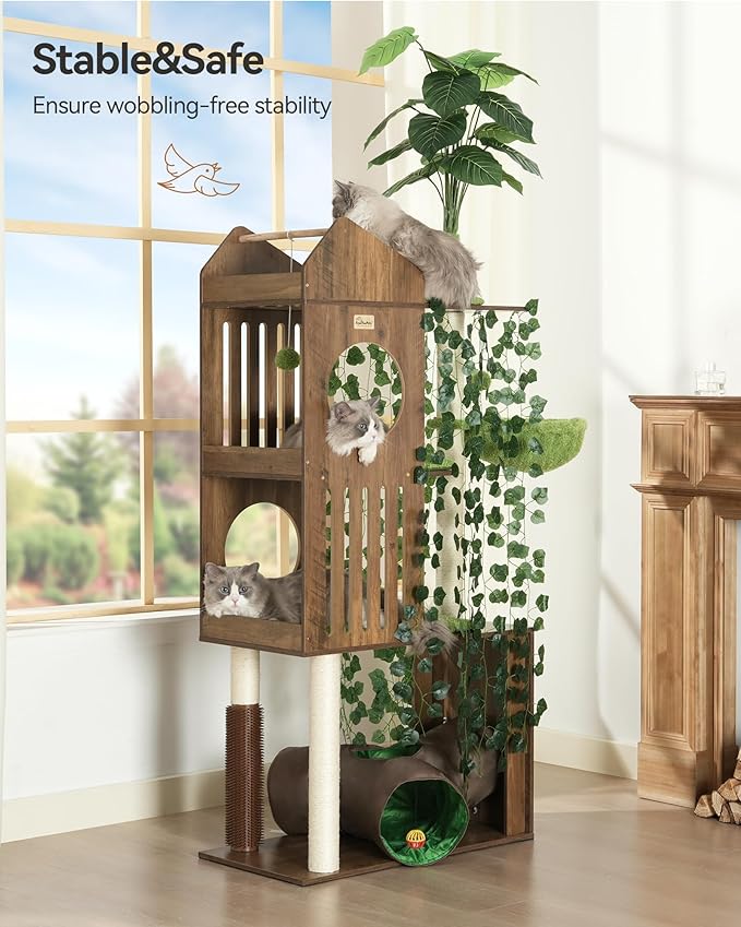 FourFurPets Large Cat Tree with Leaves, 72.8-Inch Cat Tower for Indoor Cats, Modern Cat Tree with Scratching Post, Large Perch, Tunnels, Swing Ball, Self Groomer, Greige-PawvioPets