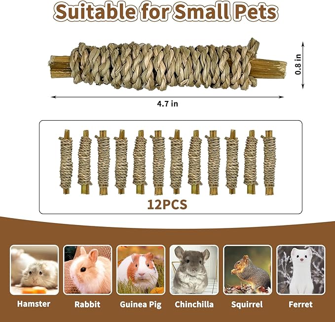 Fhiny 12 PCS Rabbit Chew Sticks, Natural Papaya Wood Seagrass Guinea Pig Chew Toys for Teeth Small Animal Molar Sticks Snacks for Bunny Guinea Pig Chinchilla Ferret Hamster Gerbil Dental Care-PawvioPets