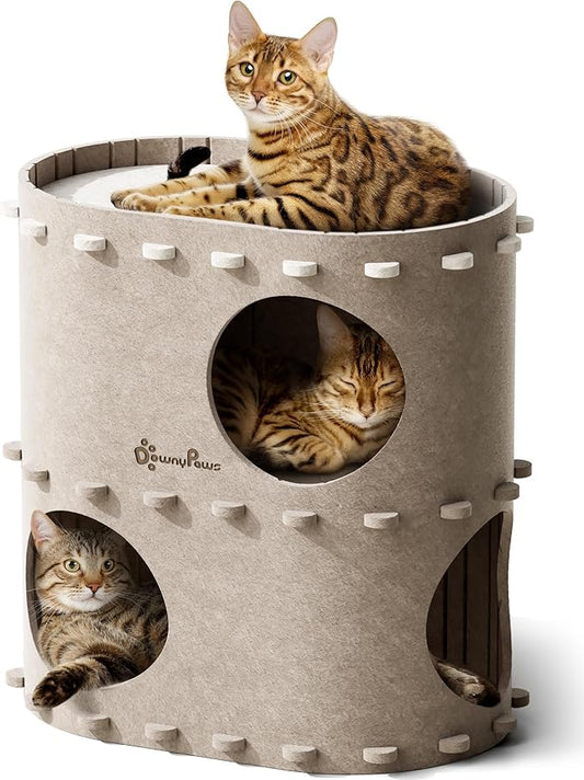 DownyPaws Cat House for Indoor Cats, 2-Storey Foldable Cat Bed Cave, Felt Cats Tunnel Bed Condo, Castle Kitten Cube Hideaway for Multicats, Scratch Resistant, Cream-PawvioPets