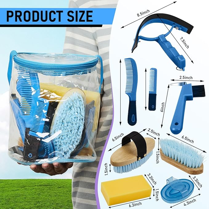 9 Pieces Horse Grooming Kit Tack Room Supplies Set with Organizer Tote Bag, Oval Massage Curry, Hard and Soft Brush, Hoof Pick, Sweat Scraper, Bathing Sponge, Combs for Horse Riders Beginners (Blue)-PawvioPets