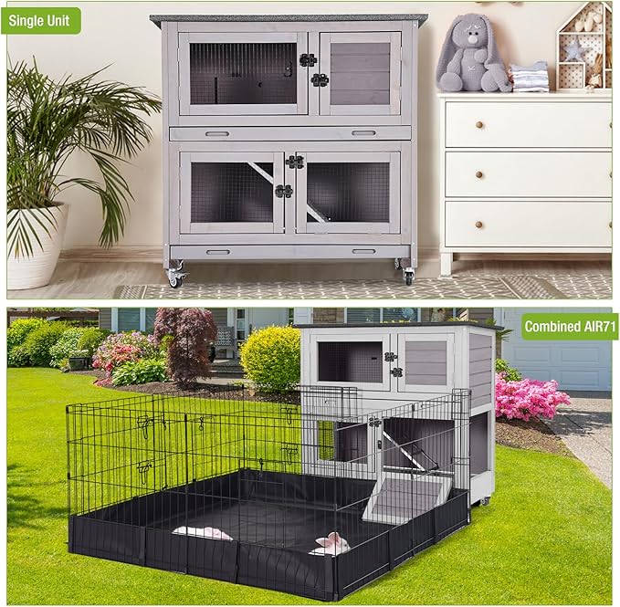 2 Story Rabbit Hutch Indoor Outdoor Rabbit Bunny House Guinea Pig Cage Wooden Pet House for Small Animals with 2 Large Rooms, Chewproof Ramp, Ventilation Door, Removable Trays (Grey)-PawvioPets