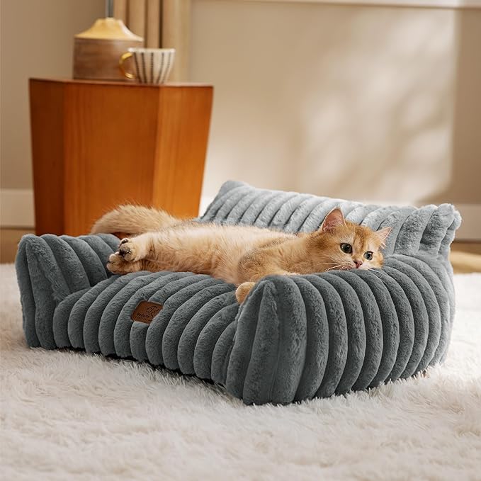 Bedsure Cute Cat Couch for Pets - Fluffy Cat Sofa with Premium Soft Corduroy Fleece, Fuzzy Pet Couch Bed with Removable Washable Cover, Supportive Pet Chair for Indoor Cats, 24inch, Warm Grey-PawvioPets