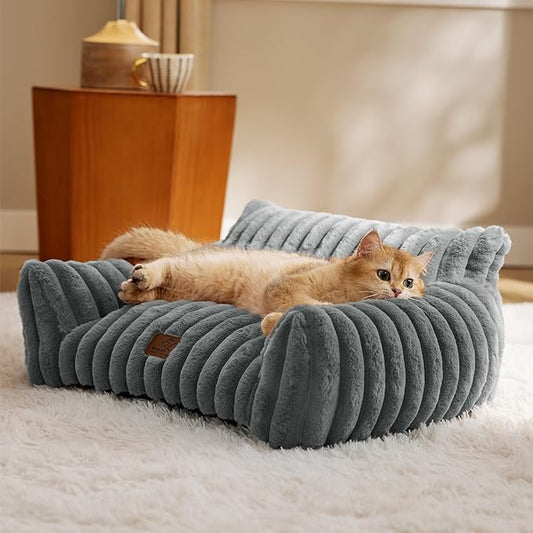 Bedsure Cute Cat Couch for Pets - Fluffy Cat Sofa with Premium Soft Corduroy Fleece, Fuzzy Pet Couch Bed with Removable Washable Cover, Supportive Pet Chair for Indoor Cats, 24inch, Warm Grey-PawvioPets