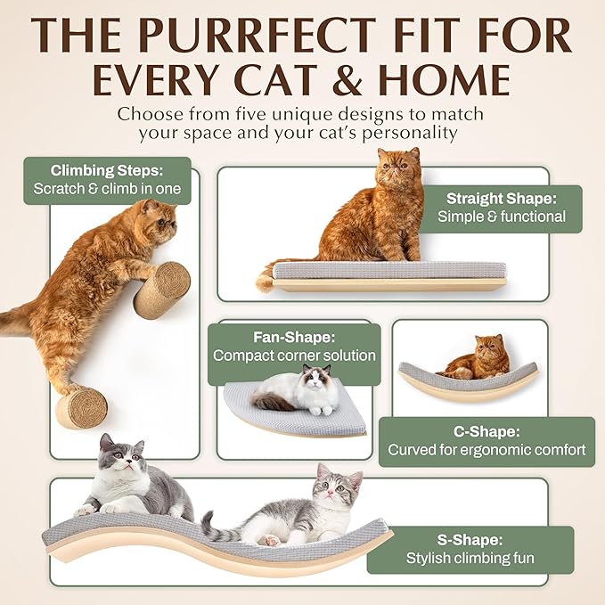 Extra Large 35.4” × 11.6” Stylish Cat Wall Shelves with Soft Cushion, Modern Wall-Mounted Cat Tree Furniture & Perch, Sturdy/Hidden Mounts, Machine Wash Cover, Sleek Design- CALLICO HAVEN Wave S-Shape-PawvioPets