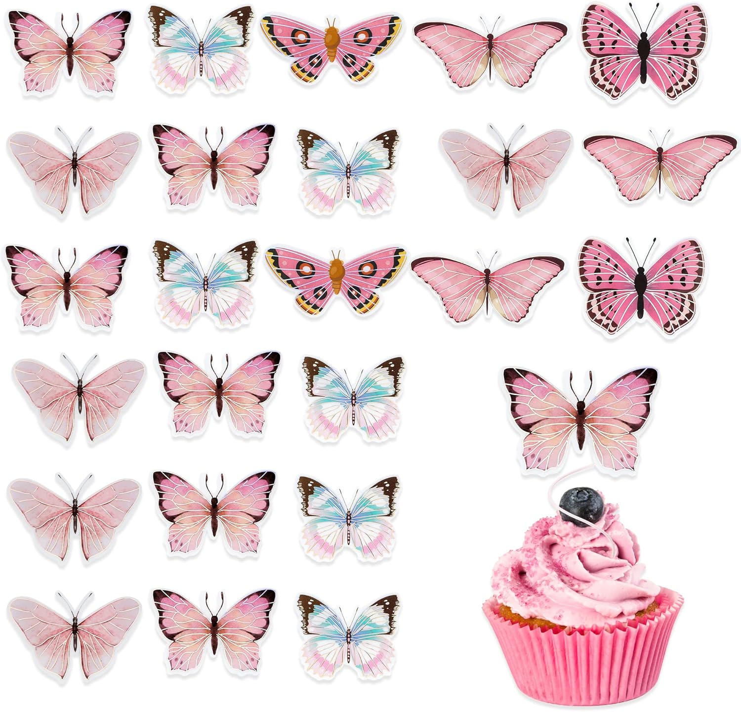 Gyufise 36Pcs Lively Art 3D Butterfly Cupcake Toppers - Pink Decorations for Girls' Birthday, Wedding, Party Cakes