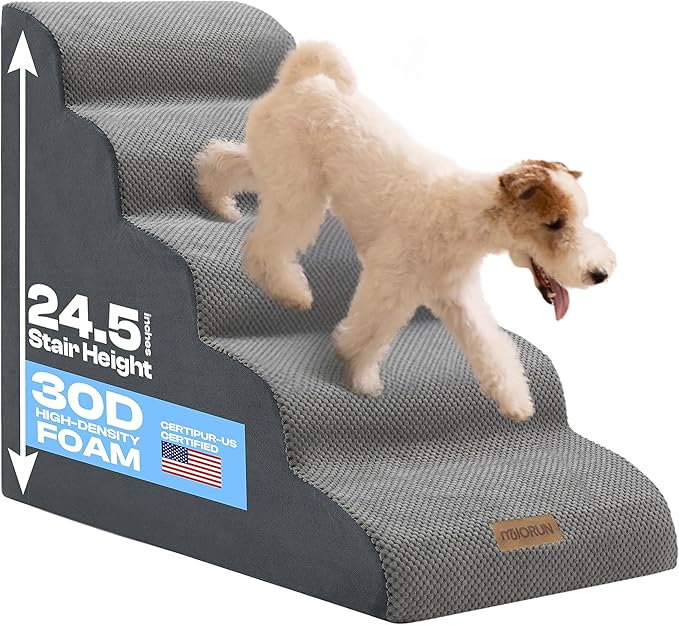 Dog Stairs for High Beds Up to 30", Extra-Tall 24.5" 5-Step Foam Pet Ramp with Washable Cover, Gentle Slope Steps, Bed & Couch Ladder for Small Medium Dogs & Senior Cat, Puppy Climbing Stairs-PawvioPets