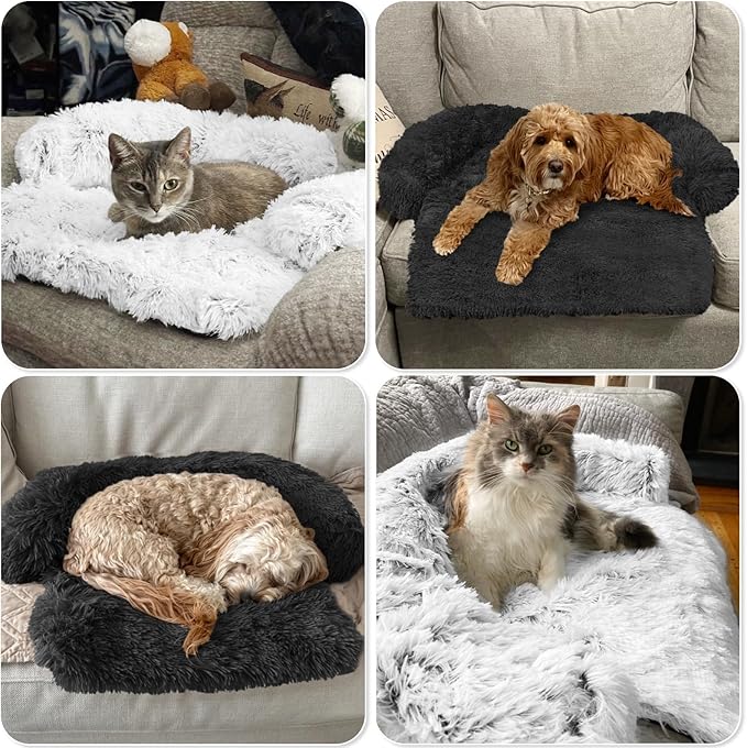 Calming Dog Bed Fluffy Plush Dog Mat for Furniture Protector with Removable Washable Cover for Large Medium Small Dogs and Cats (XS(31“x23.5”x5“), Dark Grey)-PawvioPets