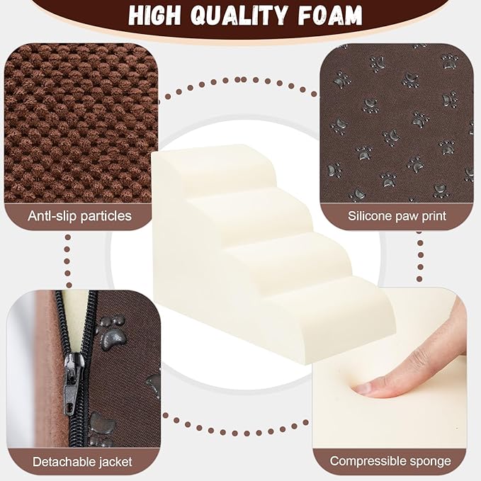 Dog Stairs for Small Dogs - High Density Foam Pet Steps, Extra Wide Dog Ramp with Non-Slip Bottom for High Beds, Couch and Sofa, Best for Dogs Injured, Older Doggy Cats,4 Steps, Brown-PawvioPets