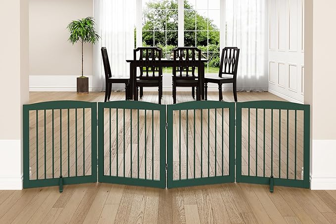 Freestanding Pet Gate for Dogs, Foldable Wooden Dog Gate for House, Indoor Dog Gate for Stairs, Doorways, Step Over Pet Puppy Safety Fence, 80 Inch Wide, 4 Panels 24", Green-PawvioPets