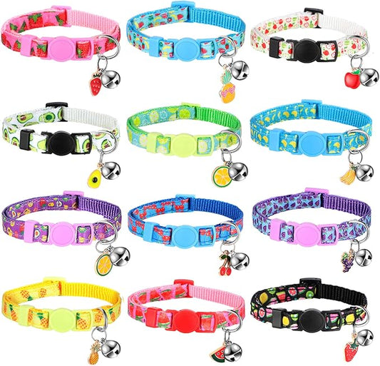 Frienda 12 Pcs Spring Summer Breakaway Cats Collars Girl Cat Safety Adjustable Collars with Bell and Summer Fruit Patterns Pendants Set for Pets Decoration(Medium)-PawvioPets