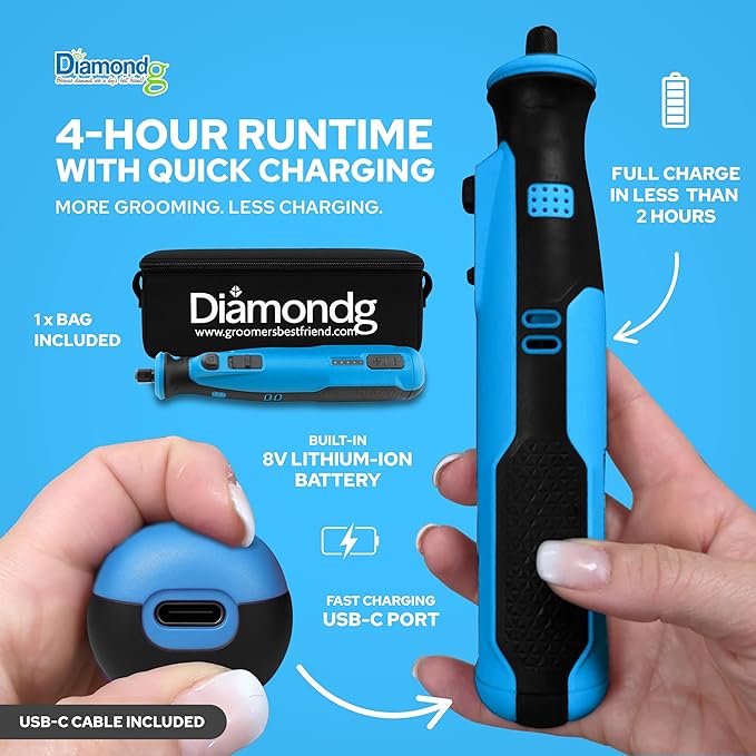 Diamondg Cordless Dog Nail Grinder with Quiet Sound & LED Tip for Large & Small Dogs, 4hrs. Runtime - Electric Dog Nail Trimmer, Heavy Duty Rotary Tool Alternative to Toenail Clippers & Filers-PawvioPets