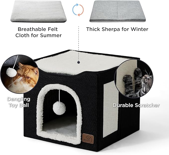 Bedsure Cat Beds for Indoor Cats - Large Cat Cave for Pet Cat House with Fluffy Ball Hanging and Scratch Pad, Foldable Cat Hideaway, 16.5x16.5x13 inches, Black-PawvioPets