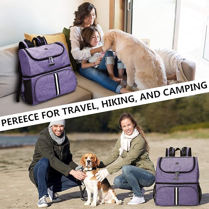 BAGLHER Pet Travel Bag, Double-Layer Pet Supplies Backpack (for All Pet Travel Supplies), Pet Travel Backpack with 2 Silicone Collapsible Bowls and 2 Food Baskets Purple-PawvioPets
